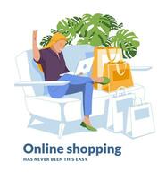 Young woman shopping online at home using laptop. Sitting among paper shopping bags. E-commerce concept idea. Flat vector illustration