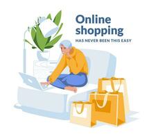 Young woman shopping online at home using laptop. Sitting among paper shopping bags. E-commerce concept idea. Flat vector illustration