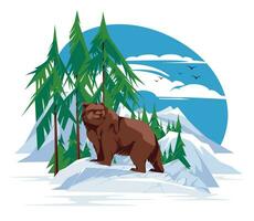 The bear stands alone on a stone. Coniferous forest and mountains background. Alaska landscape. The wild nature. Vector flat illustration