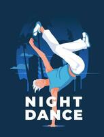 young break dancer. Night city with palm trees. Los Angeles landscape. Advertisement of a dance event. vector flat illustration