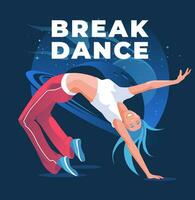 break dancer girl. Night space, stars and planets on the background. Advertisement of a dance event. vector flat illustration