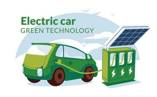 refueling for electric vehicles with solar panel. Green energy concept. Electro car or gybrid on the clen sky clouds background. Flat vector illustration