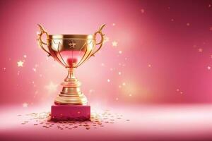 Generative AI, Winner trophy with flames, pink golden champion cup with falling confetti on pink background photo