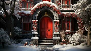 Generative AI, Front door with Christmas decoration, wreath and garland. Red and grey colors photo