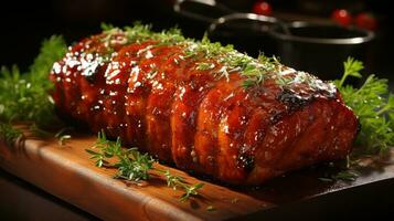 generativo ai, A la parrilla carne en un lámina, oscuro fondo, parrilla comida foto