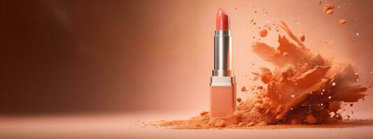 Generative AI, Apricot color lipstick, orange powder splashes and smoke with copy space. photo