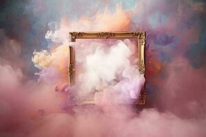 Generative AI, pastel light smoke around empty vintage beautiful frame. photo