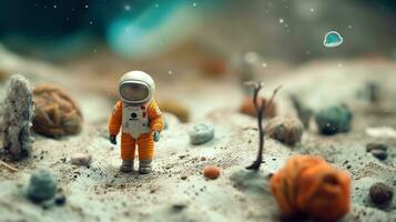 Generative AI, Space adventure illustration made of wool. Cosmic planet craft landscape with astronaut. photo