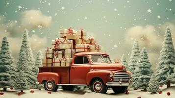 Generative AI, vintage Christmas car with many gifts, blue and red colors. Greeting xmas card, winter holidays photo