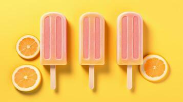 Generative AI, Fruit ice cream or sorbet on a stick, bright color, summer mood, panoramic view photo