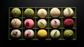 Generative AI, Japanese traditional confectionery cake wagashi, various types of sweets photo