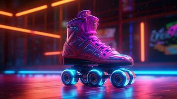 Generative AI, Roller skate in cyberpunk style, disco nostalgic 80s, 90s. Neon night lights vibrant colors, photorealistic horizontal illustration of the futuristic city. Sport activity concept. photo