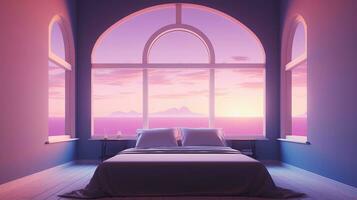Generative AI, Fantasy purple relax room with dreamy bed, arch, windows and beautiful landscape with clouds. Bedroom in calm lavender and violet colors. photo