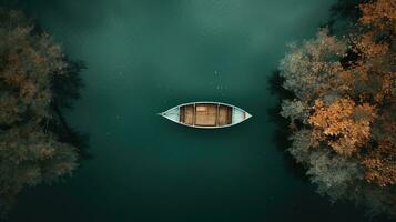 Generative AI, boat at the calm lake in autumn with serene water around, fall landscape photo