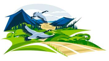 Geese fly over the green meadow in the mountain valley. Road through the hills. Coniferous forest. Landscape seasons. Flat vector illustration