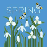 Snowdrops are blooming. Spring symbols. Butterflies fly. Geometric compositions of plants on a blue background. Vector flat illustration.