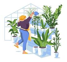 el niña toma cuidado de el flores en el invernadero. hogar jardinería y concepto de plantando adentro. plano vector ilustración
