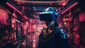 Generative AI, beautiful asian person in samurai suit in VR glasses in neon space street, virtual reality headset in cyberspace photo