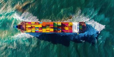 Generative AI, container ship in import export and business logistic. Aerial view, water transport, cargo shipping in open sea. photo