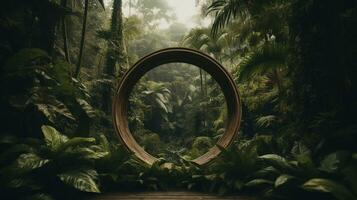 Generative AI, Empty circle wooden frame and tropical leaves on jungle background. For product display. photo