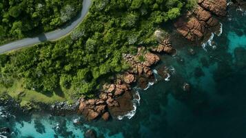 Generative AI, Aerial view of curved asphalt road near the ocean or sea, coastline photo