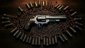 Generative AI, revolver gun with bullets isolated on wooden background, hand gun with ammunition, pistol military weapon photo