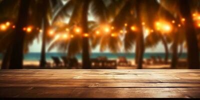 Generative AI, Tropical summer sunset beach bar background. Wooden table top product display showcase empty stage. photo