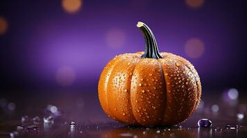 Generative AI, Halloween glitter background with pumpkin. Orange and violet colors, holiday concept with copy space photo