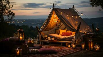 Generative AI, romantic camping with lantern lights, pillows, blanket. City view in the evening photo