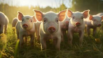 generativo ai, pequeño cerdos mirando a el cámara en un granja foto