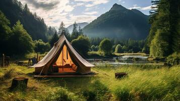 generativo ai, cámping al aire libre concepto cerca el lago o río, turista acampar en el hermosa verde paisaje con montañas foto