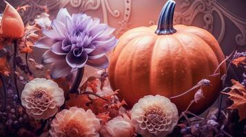 Generative AI, Halloween duotone background with flowers and pumpkin photo