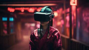 generativo ai, hermosa asiático persona en samurai traje en vr lentes en neón espacio calle, virtual realidad auriculares en ciberespacio foto