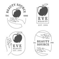 Set of logos with a hand holding an apple. Minimal linear style. Art Nouveau style. Vector emblem and icon for beauty salon, spa, fashion store, cosmetic brand. Vector flat illustration.