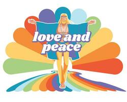 the hippie man extended his arms. Peace and love lifestyle concept. Groovy. Vector flat illustration. Isolated on white background.
