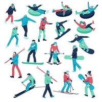 A large set of different characters dressed in winter clothes for snowboarding and skiing. Men's and women's ski snowboards, tubing and ice skating. Winter sports. vector