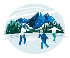 People ride skates on a mountain pond. Coniferous forest, snow, mountain peaks. Season landscape. Flat vector illustration