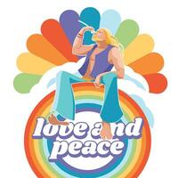 hippie hombre sentado en un arco iris con un flor. paz y amor estilo de vida concepto. maravilloso vector plano ilustración. aislado en blanco antecedentes.