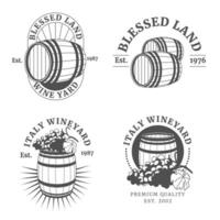 Winery logos set. Craft wine retro signs or badges with barrels, bunch of vines and decorative elements. Vector labels or badges. flat illustration