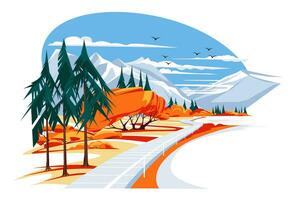 A pier like a road on a quiet mountain lake. Mountain peaks, autumn and coniferous trees. Tourism and recreation vacation concept, vector flat illustration