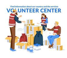 Donation boxes. Big storage. Food help, volunteers shelter services. Volunteers big hub and coordination center for humanitarian help. Flat vector concept illustration