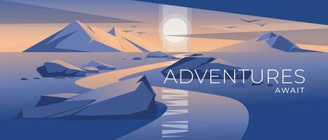 river path among mountains and stones. Blue sunset light. Landscape vector illustration