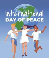 Poster for Peace Day three children in white clothes jumping on the background of a large globe. Vector flat illustration