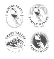 Winery logos set. Wine craft retro signs or badges with hand holding wine mug or grape bunch. Vector labels or badges. flat illustration