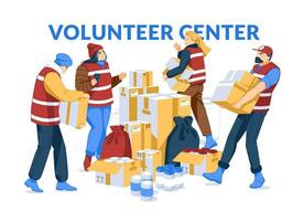 Donation boxes. Big storage. Food help, volunteers shelter services. Volunteers big hub and coordination center for humanitarian help. Flat vector concept illustration