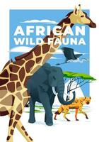 African wildlife poster with a large giraffe, elephant, hyena and heron on a savannah landscape background. Vector flat illustration