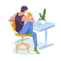 Young man studying or working at home using laptop. Huge books. Online education concept. Flat vector illustration