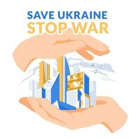 Peaceful city in hands. The idea of the concept is to close the skies and protect Ukrainian cities from Russian attack. Flat vector illustration. Poster