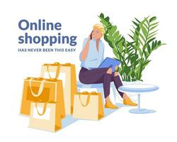 joven mujer compras en línea a hogar utilizando ordenador portátil. sentado entre papel compras bolsas. comercio electrónico concepto idea. plano vector ilustración
