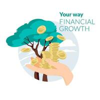 The concept of passive income. Your path to financial growth. Human hand holding stacks of coins under money rain. Green tree in the background. Income growth concept. Flat vector illustration.